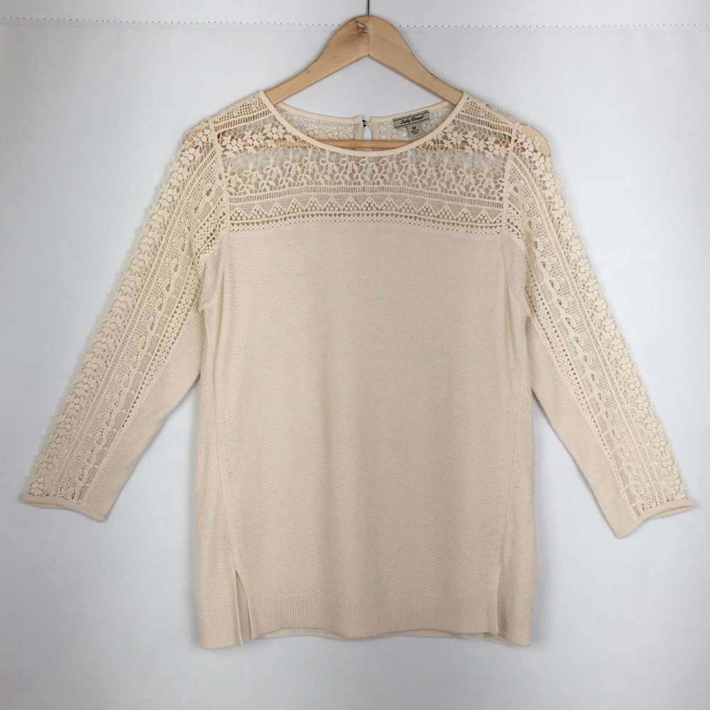 Lucky Brand Boho Top Crocheted Keyhole Back Long Sleeves